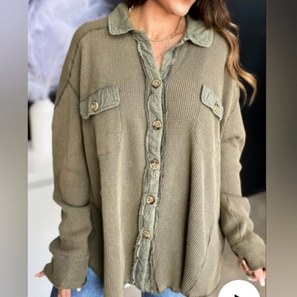 BiBi Oversized Olive Green Waffle Knit Shacket SZ M Skater Streetwear Boho